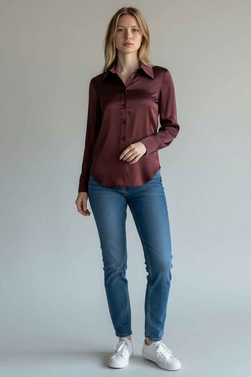SAND COPENHAGEN STRETCH SILK TOP - BURGUNDY