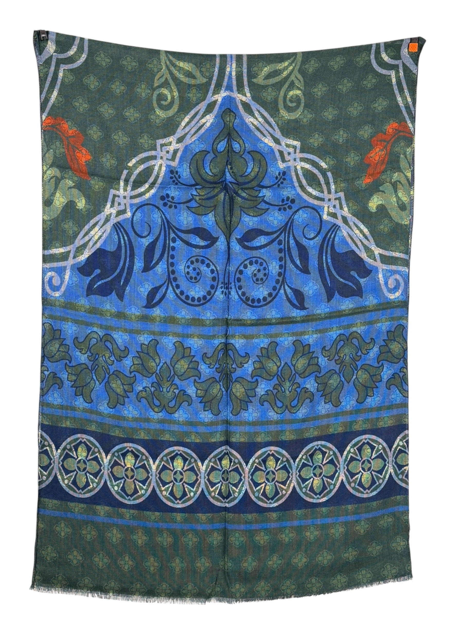 CALABRESE 1924 DOUBLE-SIDED WOOL SCARF - NAVY/GREEN EXPLODED MEDALLIONS