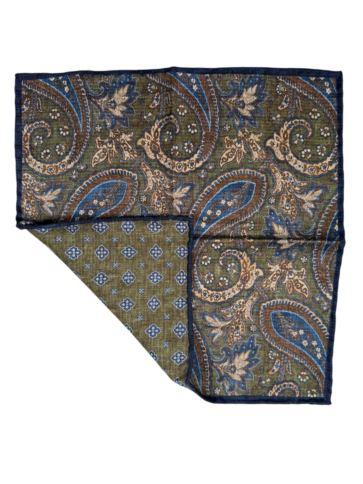 CALABRESE 1924 SILK POCKET SQUARE - NAVY/GREEN FLORAL PAISLEY
