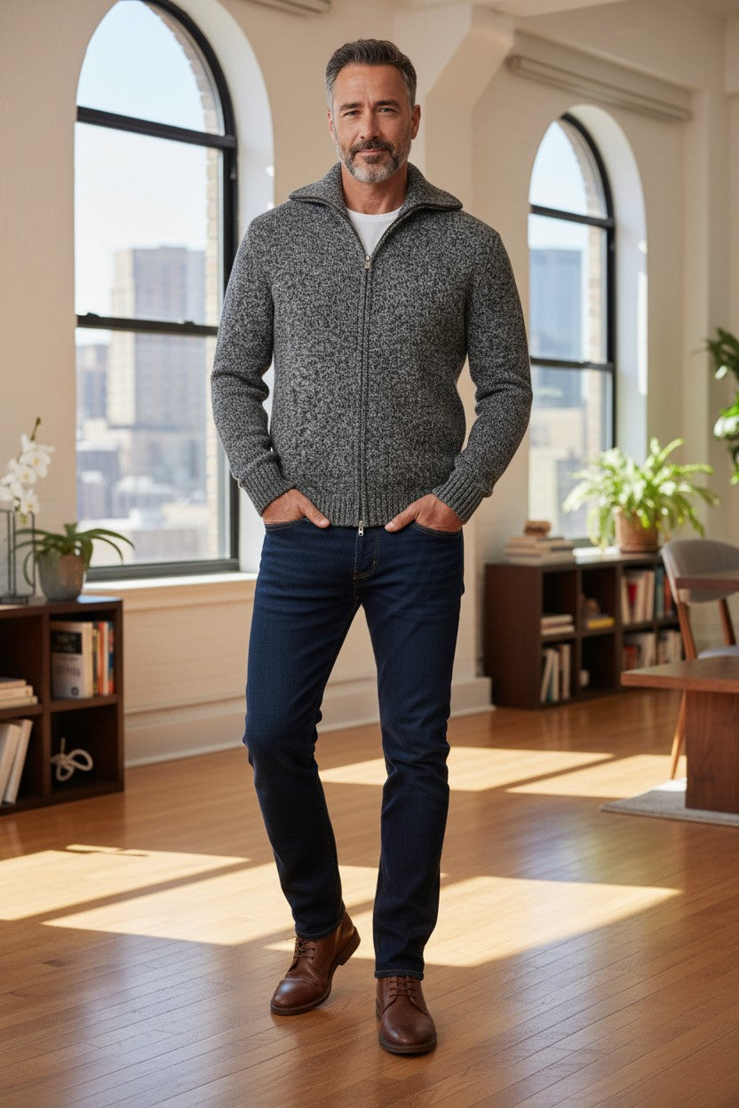 SETTEFILI CASHMERE - MEN'S FULL ZIP HIGH MOCK SWEATER - NAVY MIX