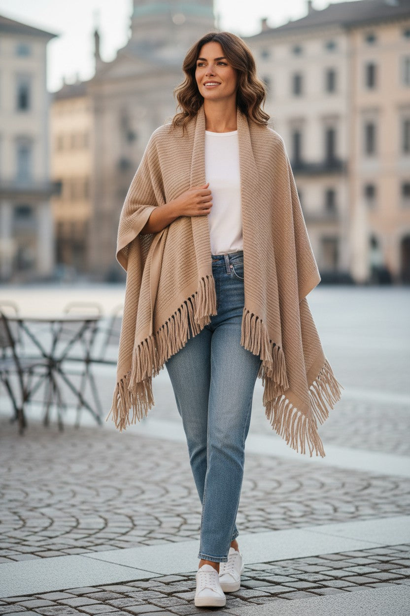 REPEAT KNIT FRINGE WRAP - NATURAL