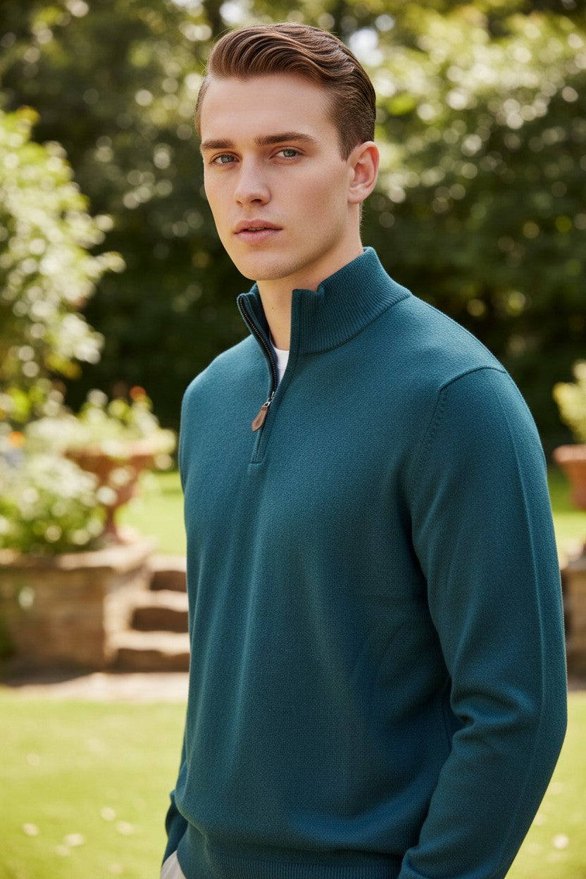 ALAN PAINE HANBURY CASHMERE 1/4 ZIP SWEATER - MALLARD