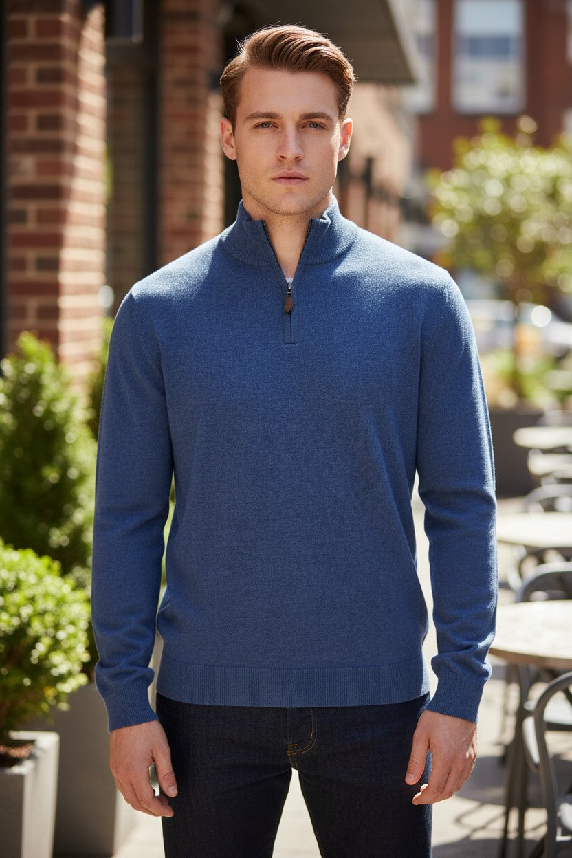 ALAN PAINE HANBURY CASHMERE 1/4 ZIP SWEATER - DENIM