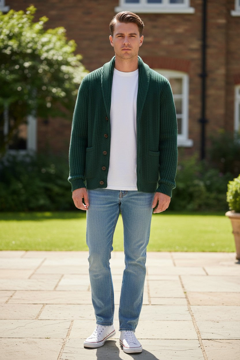 ALAN PAINE USWORTH SHAWL COLLAR CARDIGAN - TARTAN GREEN