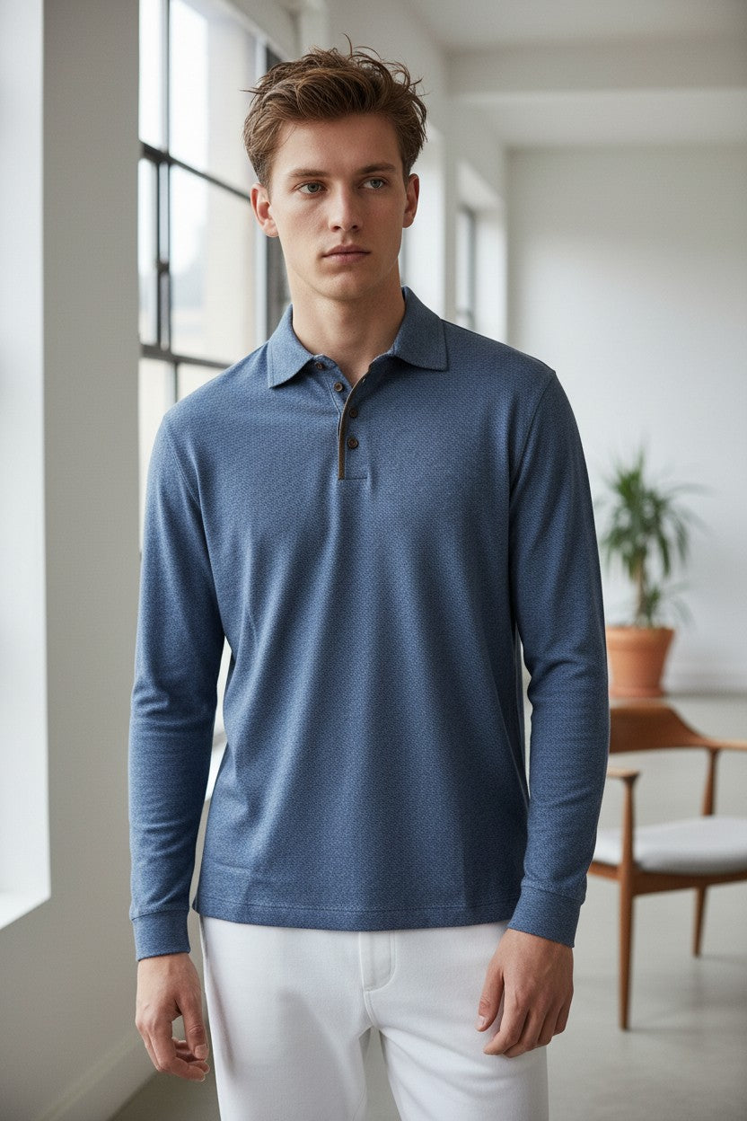 LEFT COAST TEE WALDPORT LONG-SLEEVE POLO SHIRT - BROWN/LIGHT BLUE MELANGE HERRINGBONE