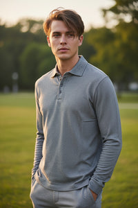 LEFT COAST TEE WALDPORT LONG-SLEEVE POLO SHIRT - GRAY/PEARL MELANGE HERRINGBONE