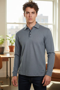 LEFT COAST TEE WALDPORT LONG-SLEEVE POLO SHIRT - NAVY/LIGHT BLUE MELANGE HERRINGBONE