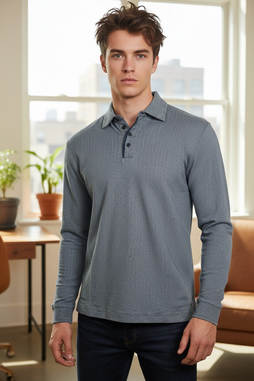 LEFT COAST TEE WALDPORT LONG-SLEEVE POLO SHIRT - NAVY/LIGHT BLUE MELANGE HERRINGBONE
