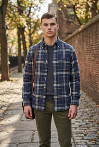 HARTFORD MEN'S COTTON FLANNEL PLAID SHIRT - BLUE & GREEN