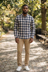 HARTFORD MEN'S COTTON HERRINGBONE OMBRÉ FLANNEL SHIRT - NATURAL & BLUE