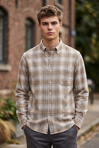 HARTFORD MEN'S COTTON BRUSHED PLAID SHIRT - NATURAL