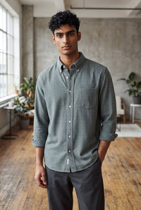 HARTFORD MEN'S COTTON BRUSHED FLANNEL SHIRT - GREEN SHADOW CHECK