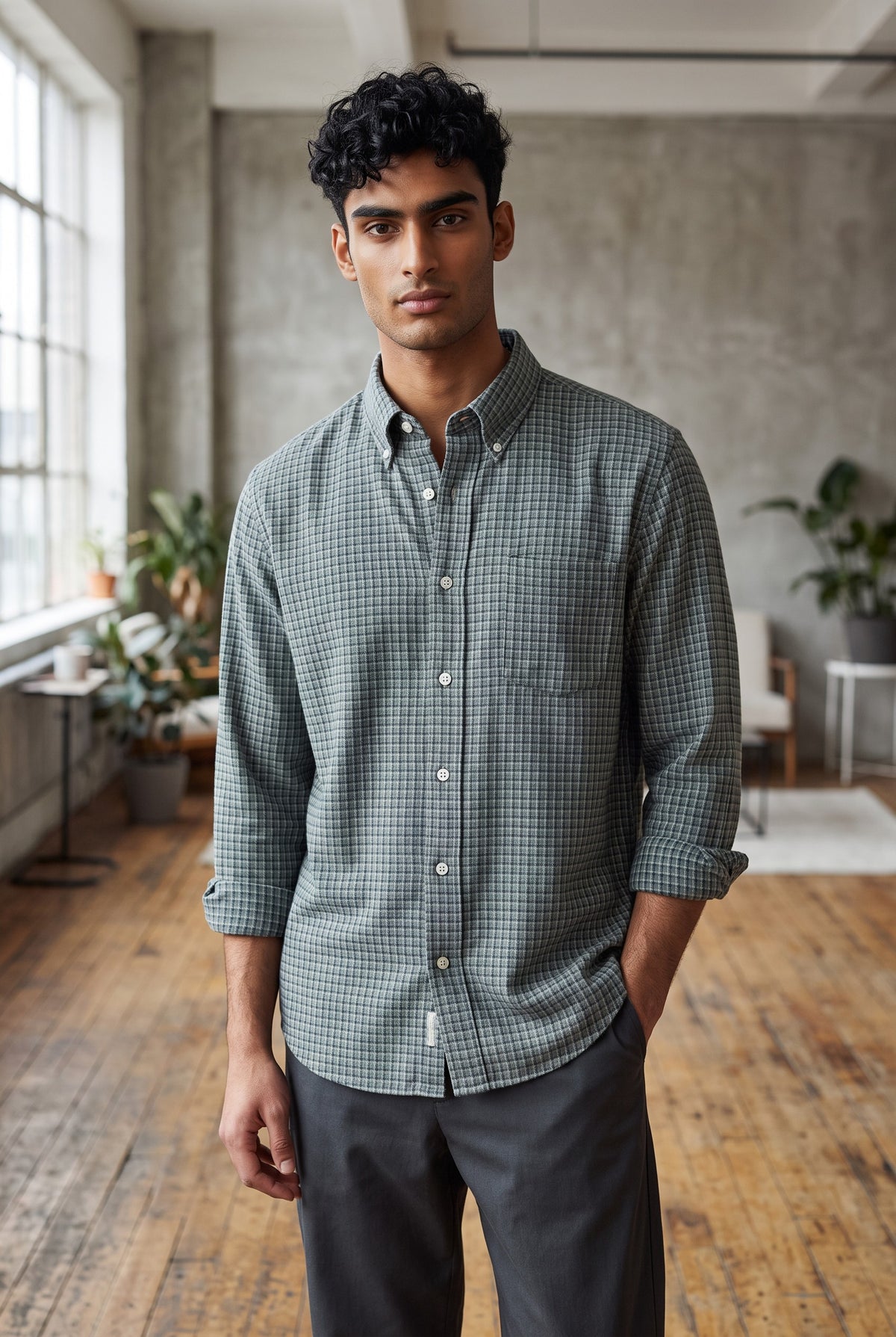 HARTFORD MEN'S COTTON BRUSHED FLANNEL SHIRT - GREEN SHADOW CHECK