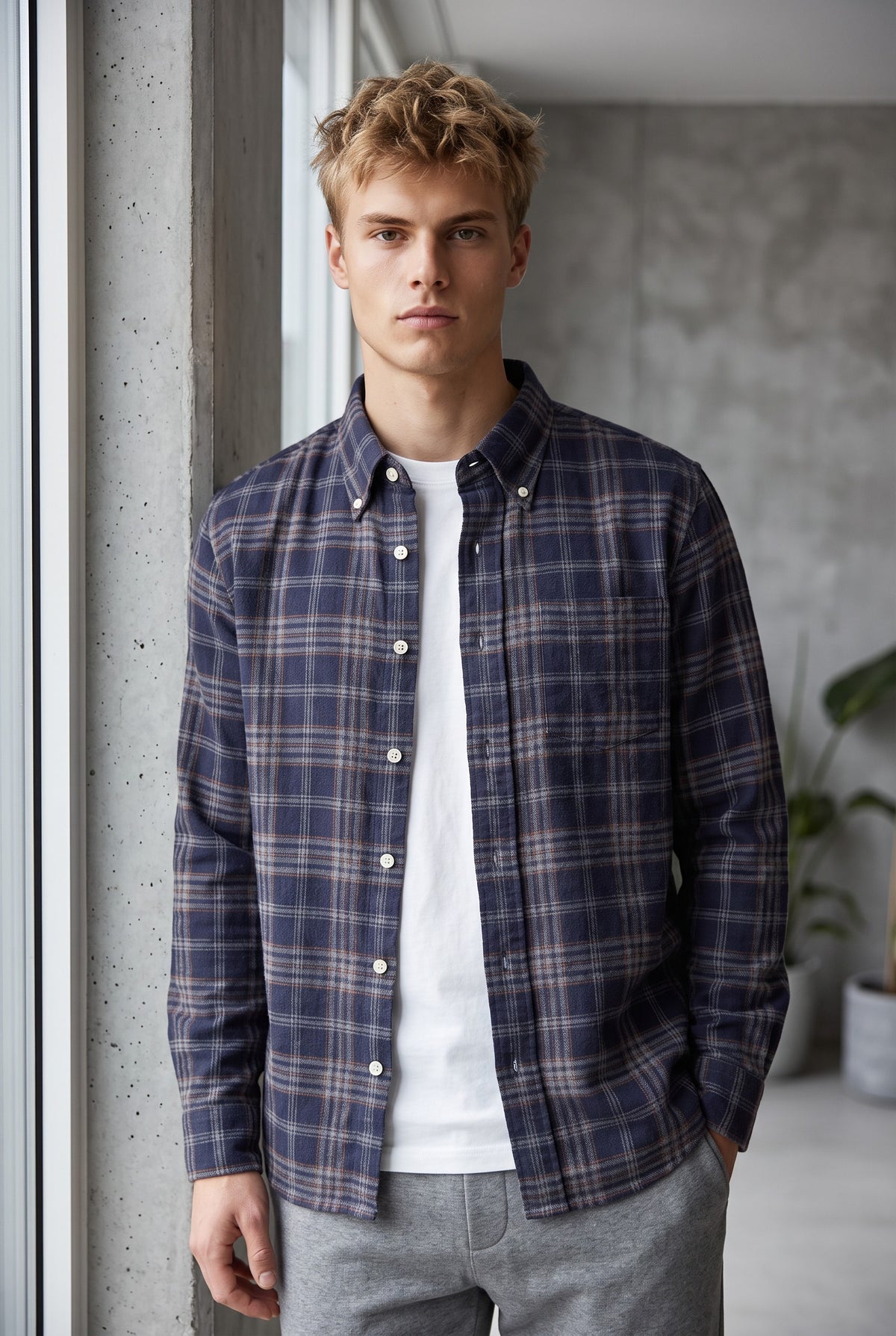 HARTFORD MEN'S COTTON BRUSHED PLAID SHIRT - NAVY