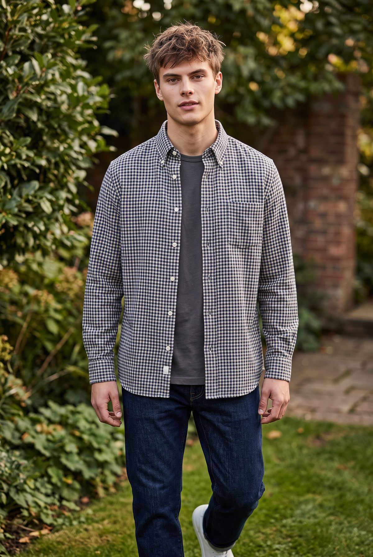 HARTFORD MEN'S COTTON BRUSHED GINGHAM SHIRT - NAVY