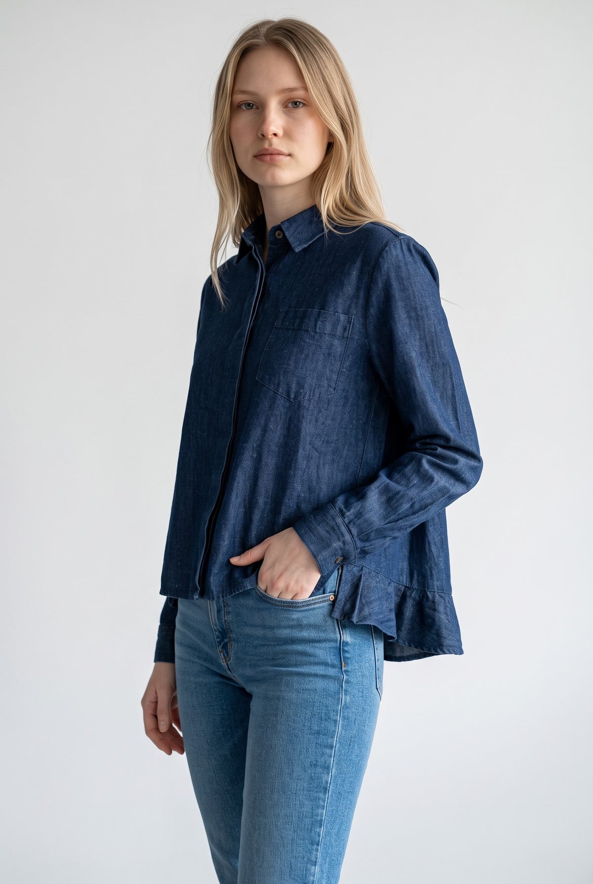 0039 ITALY DENIM RUFFLE BACK BLOUSE - BLUE