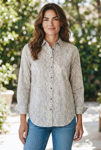 0039 ITALY LEAF PRINT BLOUSE - GREY/LIGHT BLUE
