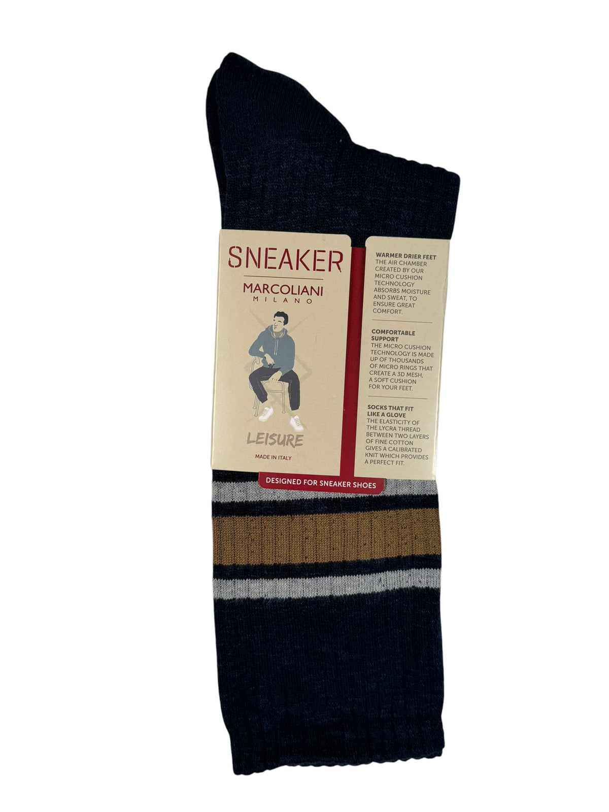 MARCOLIANI PIMA COTTON COLLEGE STRIPE CALF SOCK - NAVY