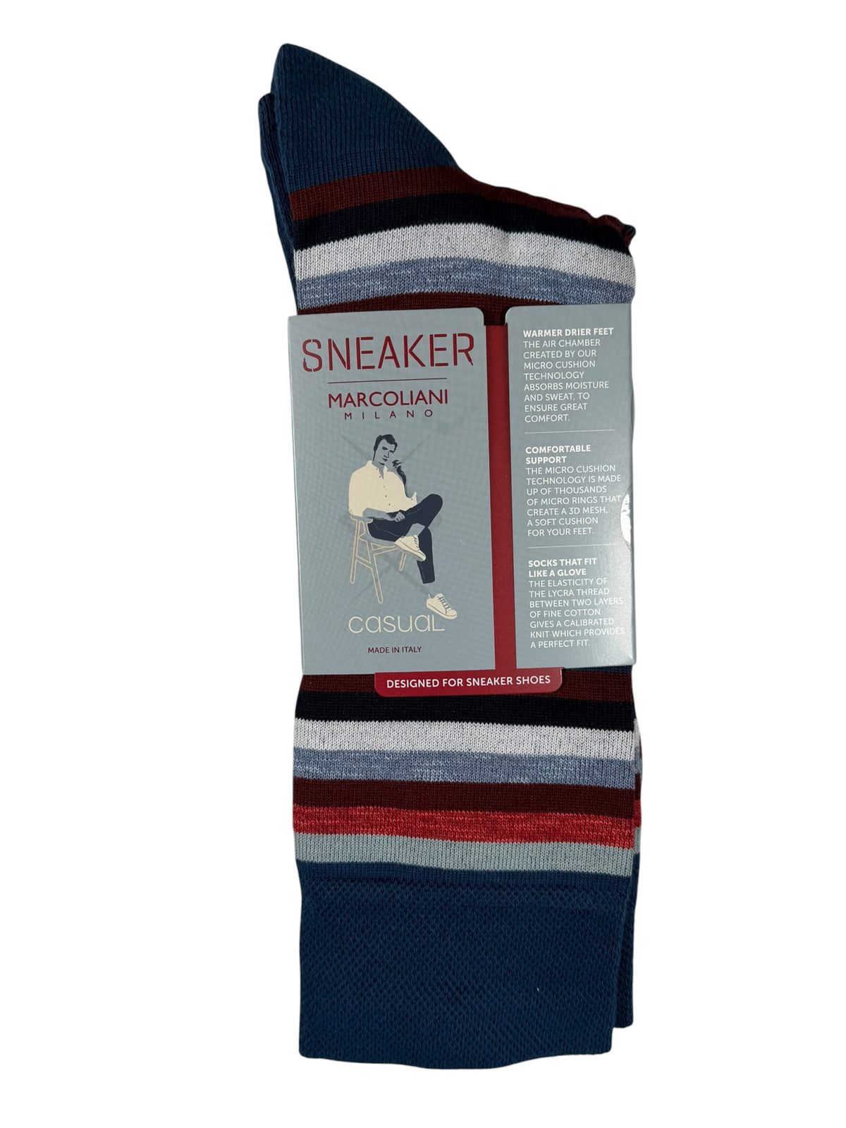 MARCOLIANI PIMA COTTON RAINBOW STRIPE SNEAKER SOCK - DENIM/TOMATO