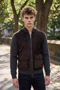 ALAN PAINE OAKMOORE SUEDE FRONT ZIP THROUGH JACKET - DARK BROWN