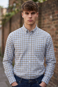 ALAN PAINE MIRFIELD SPORT SHIRT -  LIGHT BLUE/TAUPE CHECK