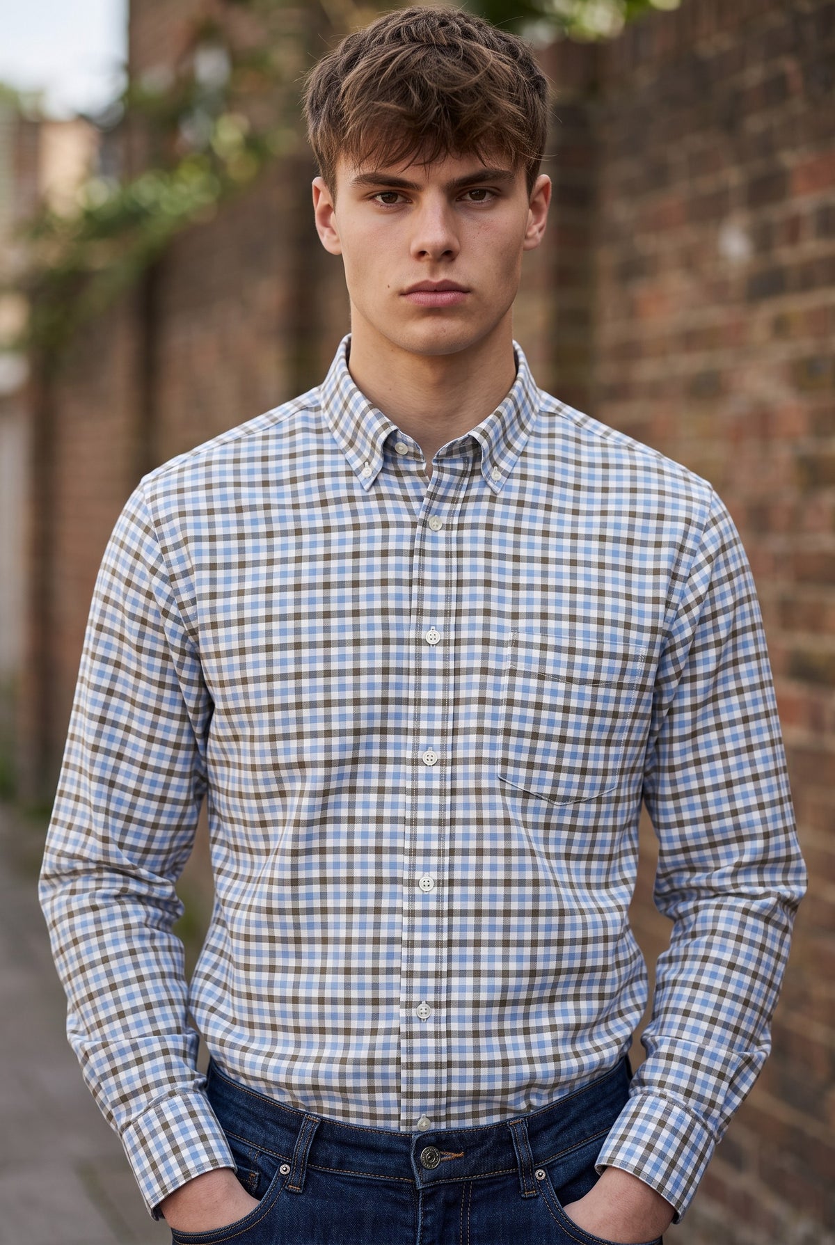 ALAN PAINE MIRFIELD SPORT SHIRT -  LIGHT BLUE/TAUPE CHECK