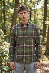 GMF 965 MEN'S SPORT SHIRT - FOREST GREEN/BROWN CHECK PLAID