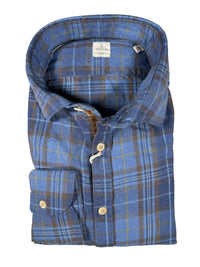 GMF 965 MEN'S SPORT SHIRT - DENIM BLUE/BROWN CHECK PLAID