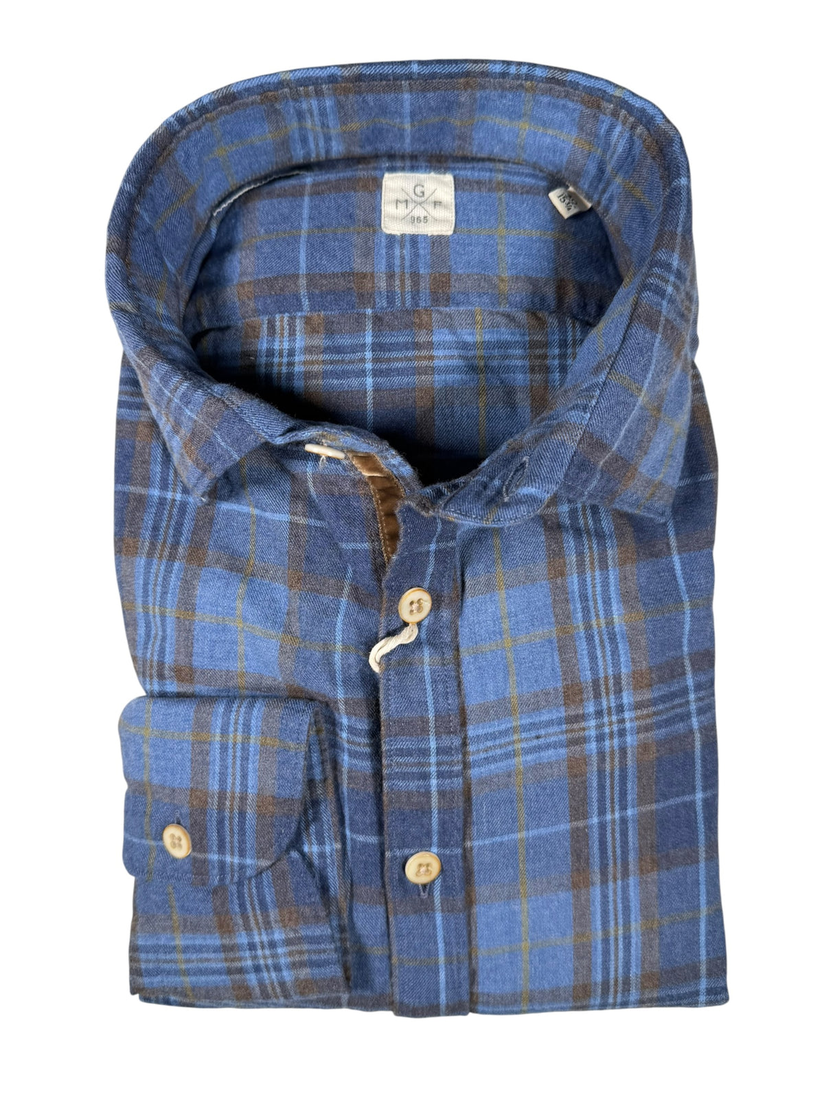 GMF 965 MEN'S SPORT SHIRT - DENIM BLUE/BROWN CHECK PLAID