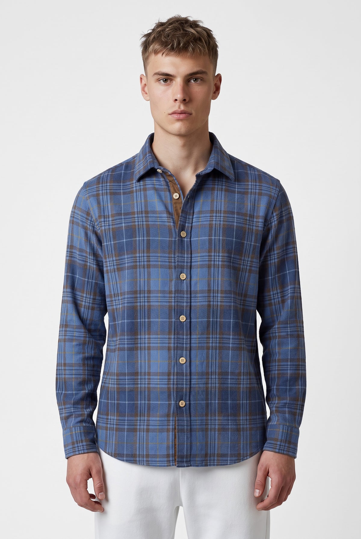 GMF 965 MEN'S SPORT SHIRT - DENIM BLUE/BROWN CHECK PLAID