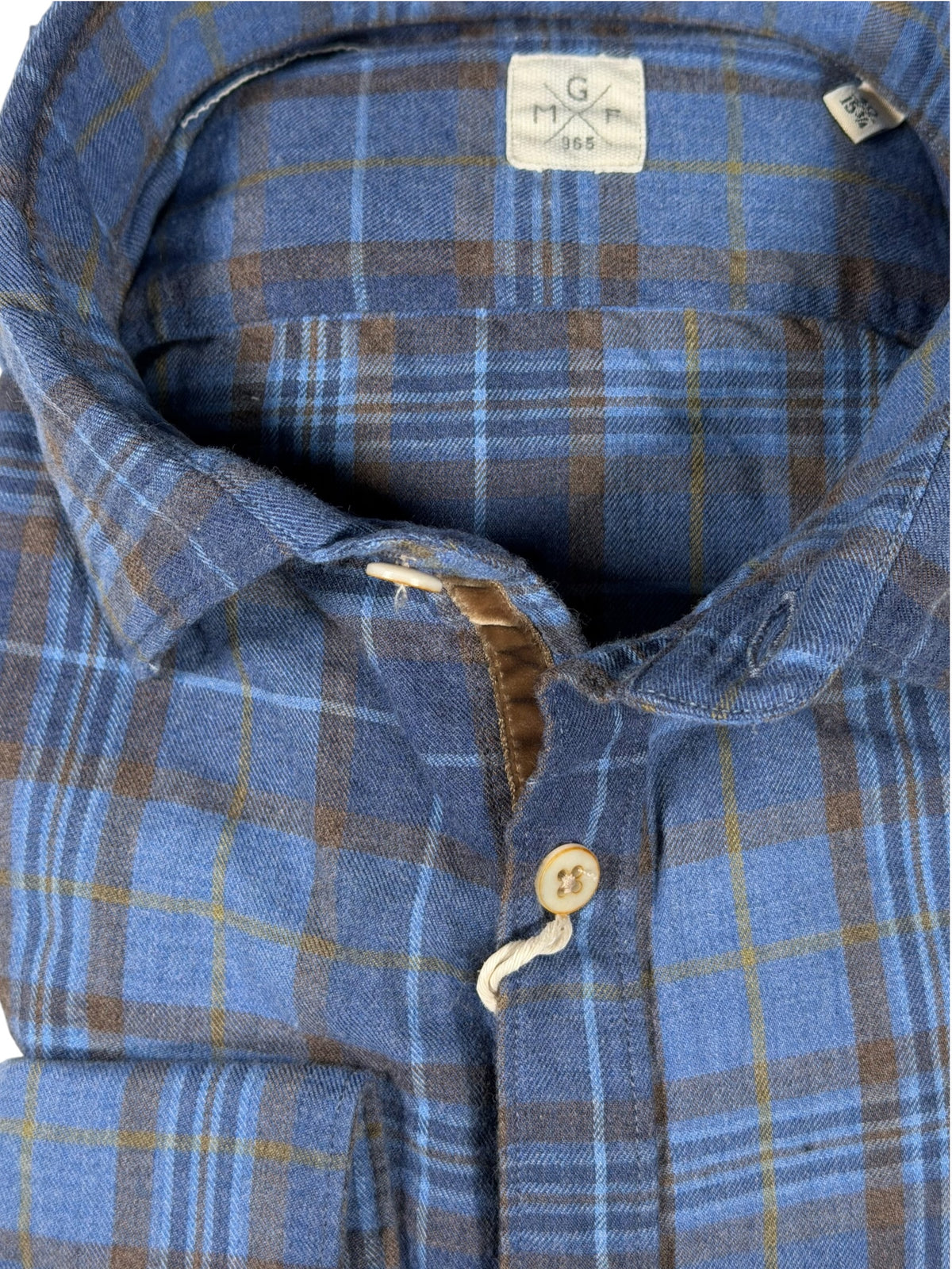 GMF 965 MEN'S SPORT SHIRT - DENIM BLUE/BROWN CHECK PLAID