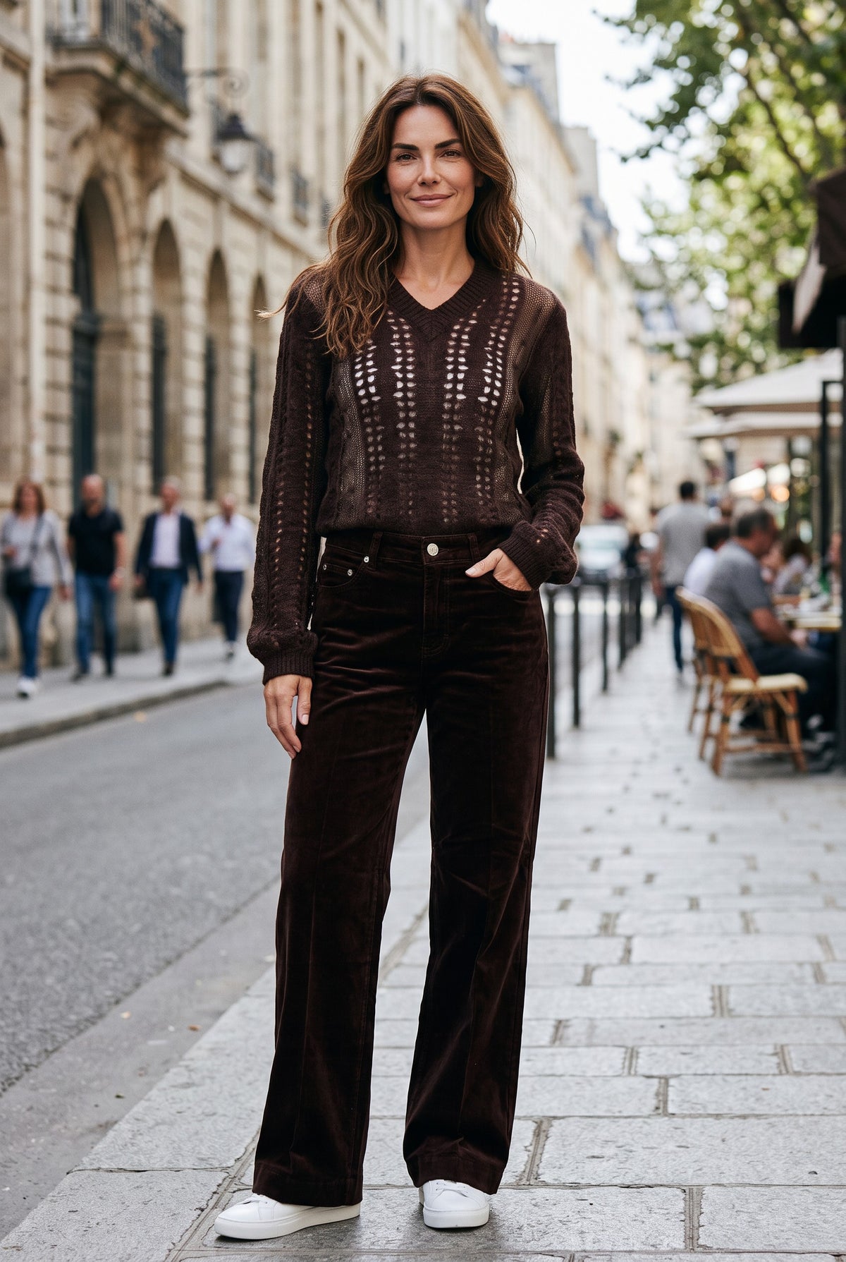 SCAGLIONE V-NECK OPEN CABLE SWEATER - DARK BROWN