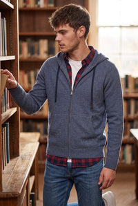 BUTTON DOWN WOOL/CASHMERE FULL ZIP HOODED SWEATER - NAVY