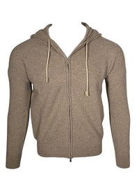 BUTTON DOWN WOOL/CASHMERE FULL ZIP HOODED SWEATER - BEIGE
