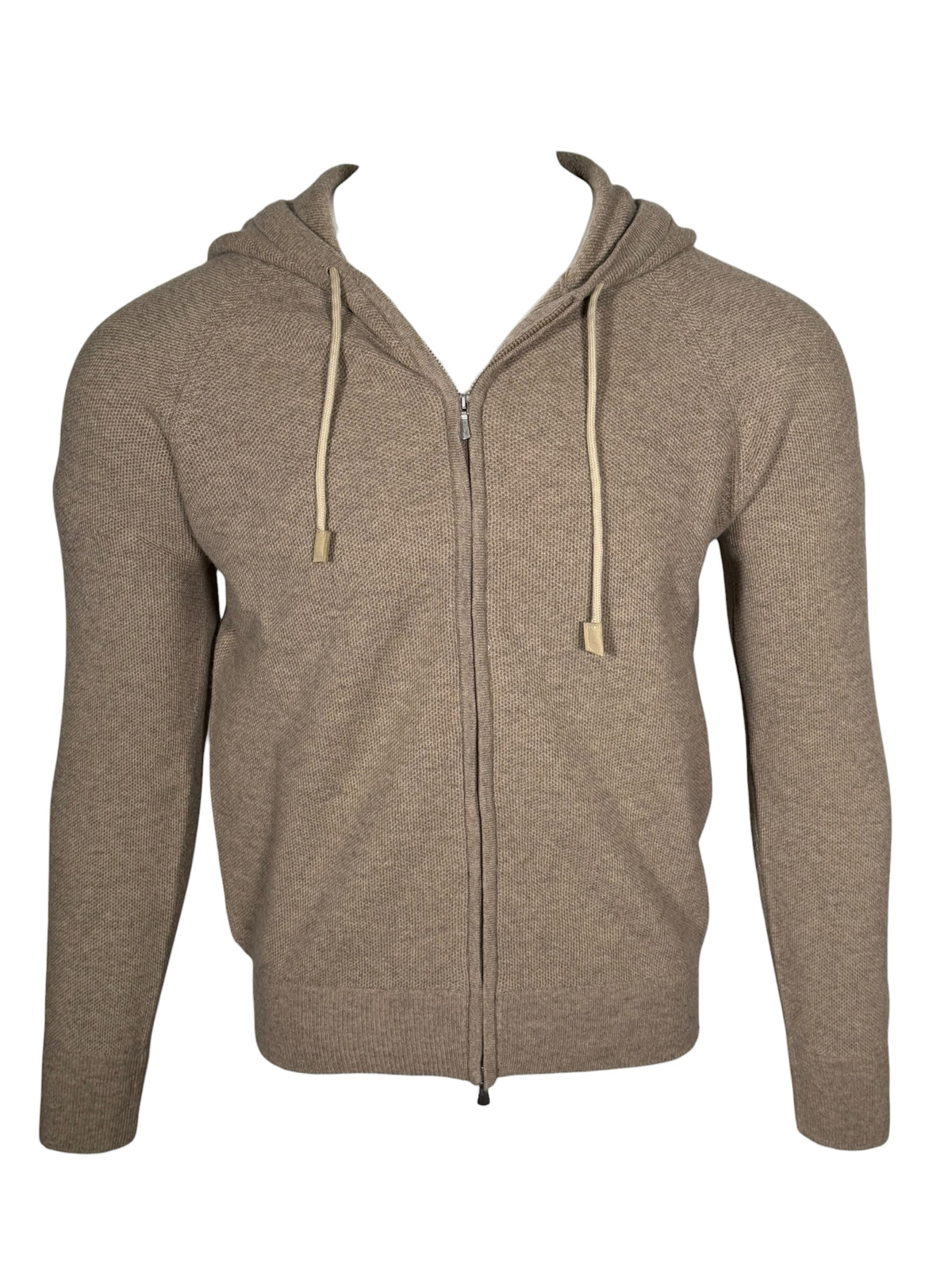 BUTTON DOWN WOOL/CASHMERE FULL ZIP HOODED SWEATER - BEIGE