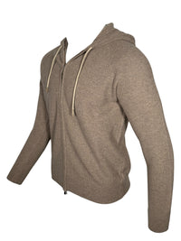 BUTTON DOWN WOOL/CASHMERE FULL ZIP HOODED SWEATER - BEIGE