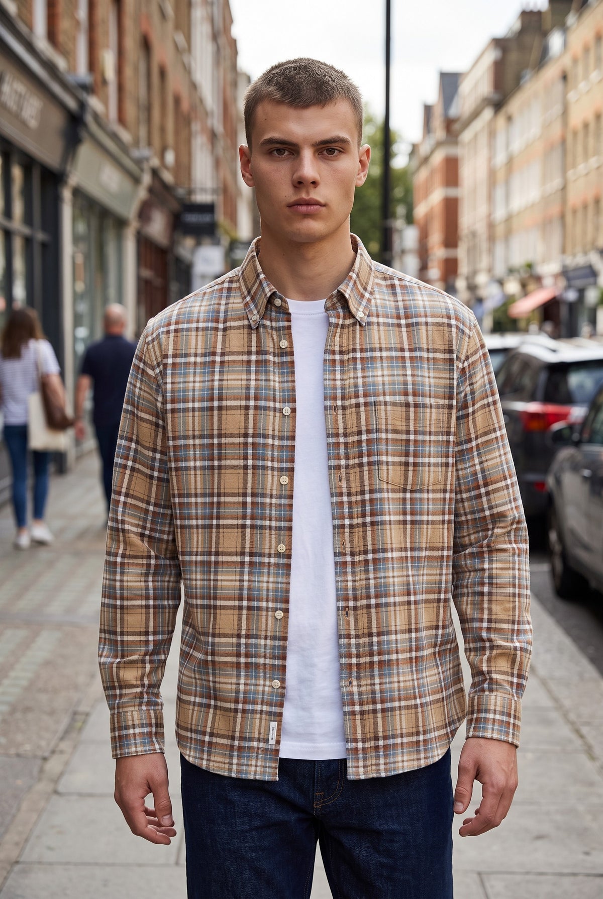 ALAN PAINE MIRFIELD SPORT SHIRT -  CAMEL/LIGHT BLUE PLAID