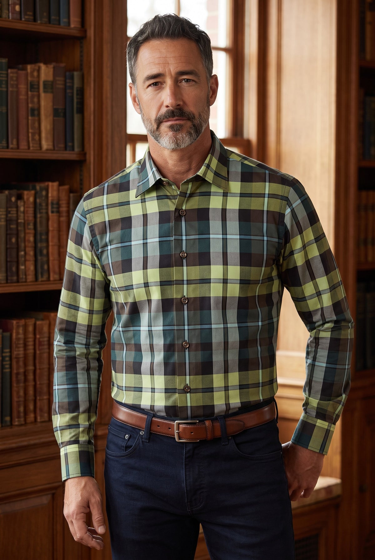 CALDER CARMEL MEN'S SHIRT - LUXE 120'S 2PLY EXPLODED CALDER TARTAN - KIWI