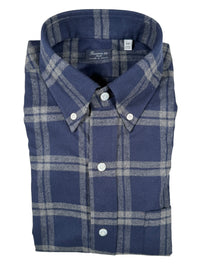 FINAMORE 1925 SPORT SHIRT - BRUSHED COTTON PLAID - NAVY/GREY