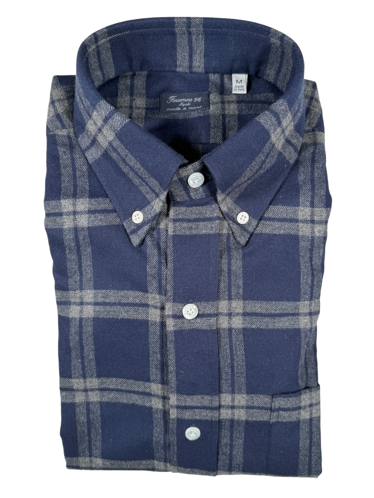 FINAMORE 1925 SPORT SHIRT - BRUSHED COTTON PLAID - NAVY/GREY