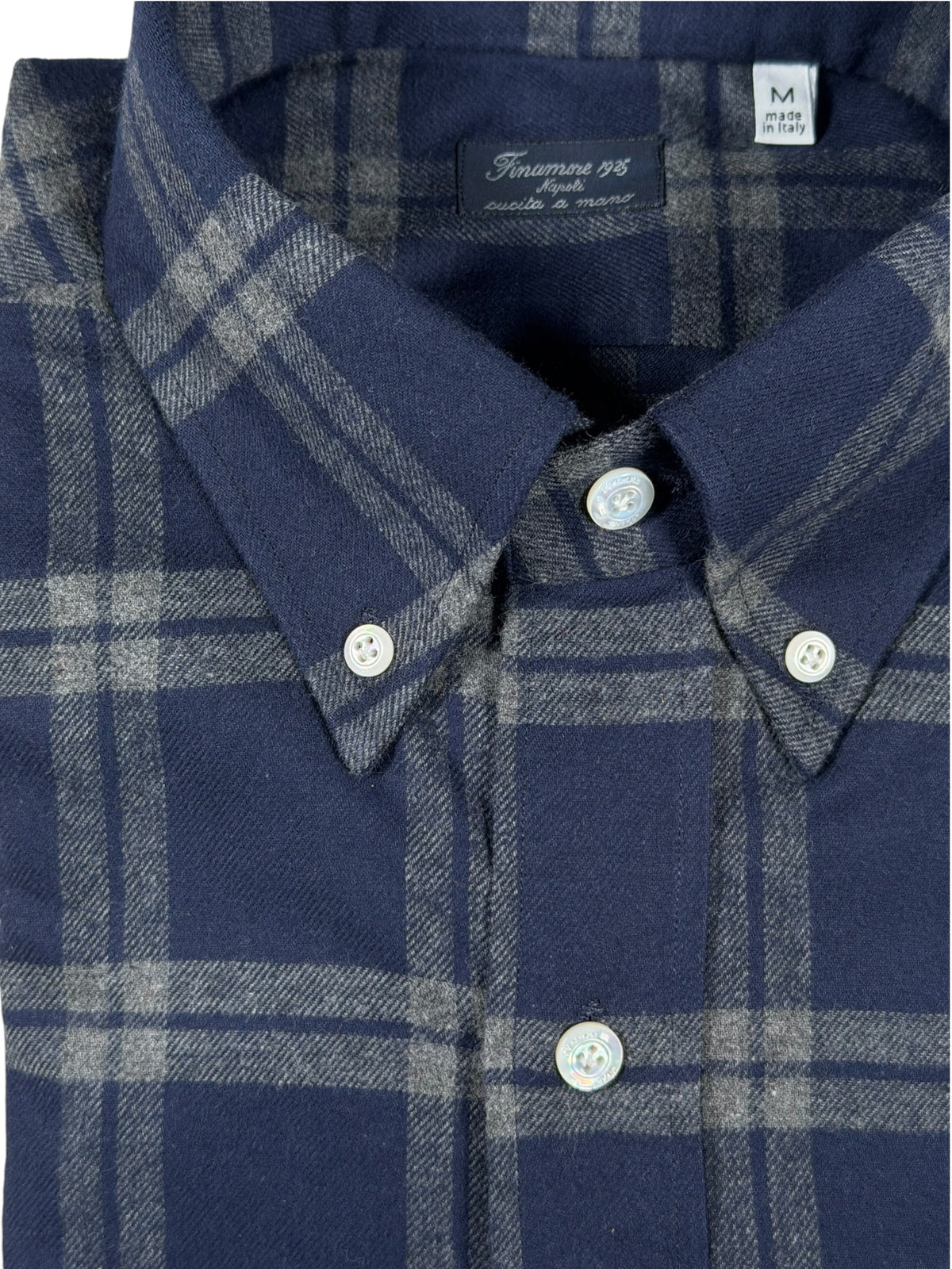 FINAMORE 1925 SPORT SHIRT - BRUSHED COTTON PLAID - NAVY/GREY