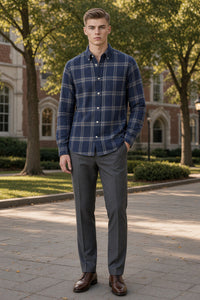 FINAMORE 1925 SPORT SHIRT - BRUSHED COTTON PLAID - NAVY/GREY