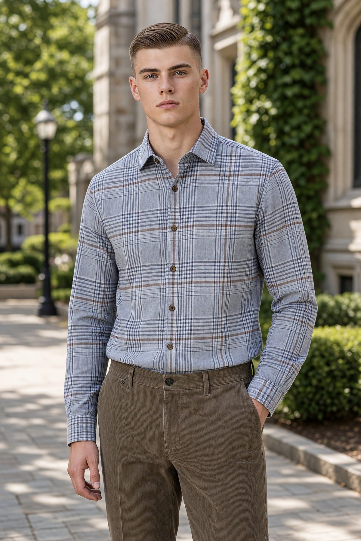 EMANUEL BERG COTTON LUXE FLANNEL TWILL CASUAL SARTORIAL SHIRT - BEIGE