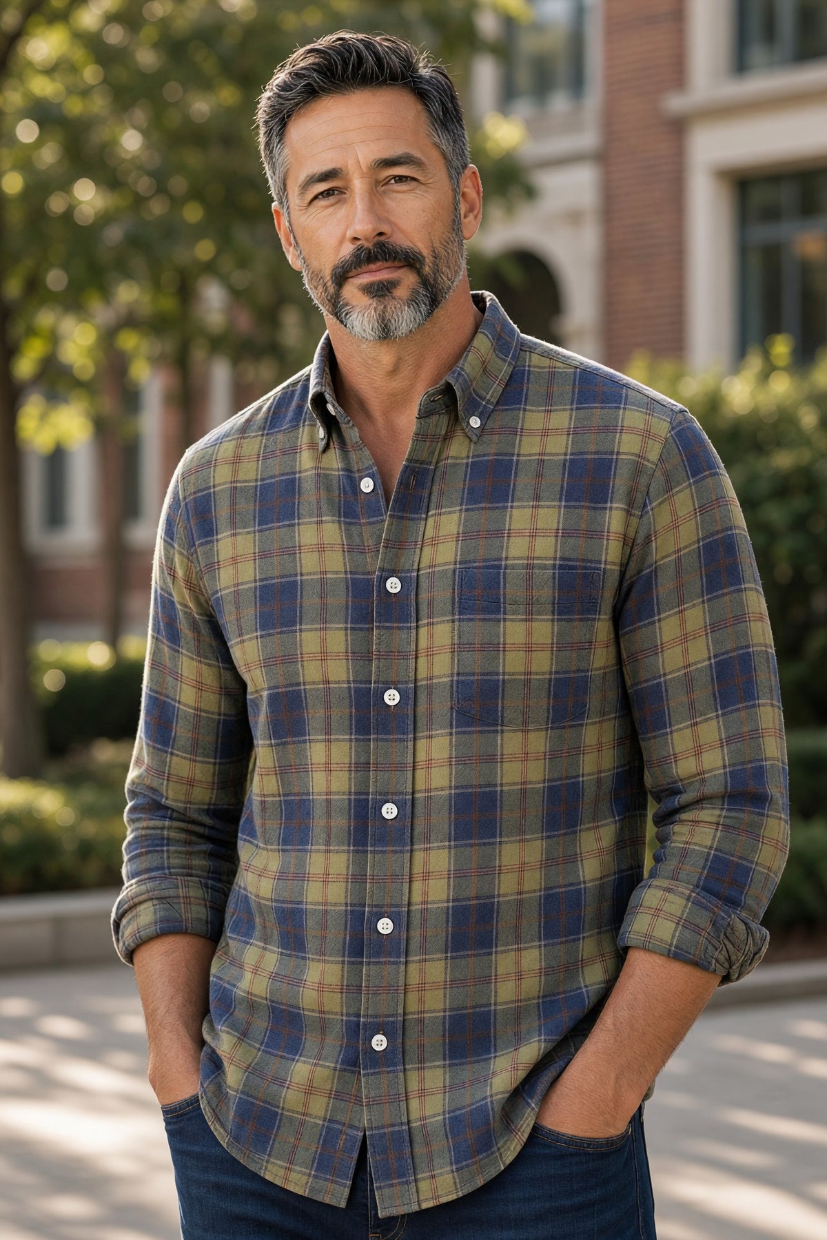 GIANGI NAPOLI MEN'S COTTON SHIRT - NAVY & BROWN WINDOW CHECK