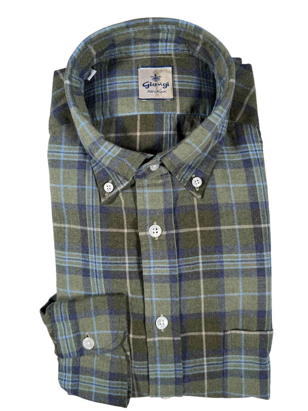 GIANGI NAPOLI MEN'S COTTON SHIRT - DARK OLIVE & BLUE WINDOW CHECK
