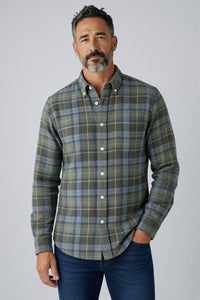 GIANGI NAPOLI MEN'S COTTON SHIRT - DARK OLIVE & BLUE WINDOW CHECK