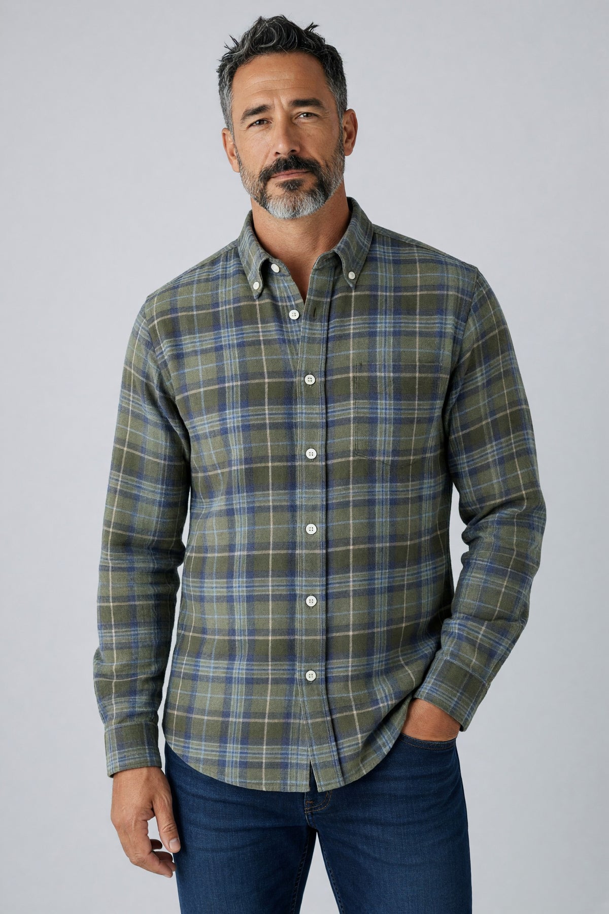 GIANGI NAPOLI MEN'S COTTON SHIRT - DARK OLIVE & BLUE WINDOW CHECK