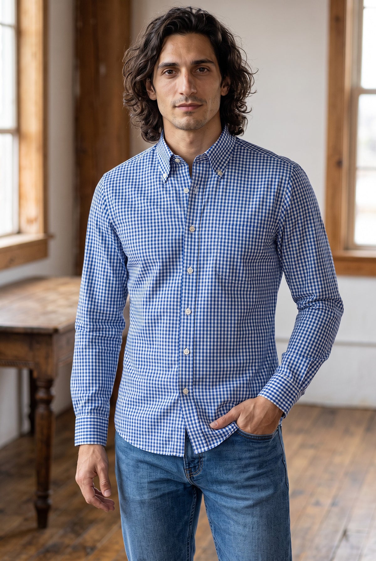 BUTTON DOWN SPORT SHIRT - NAVY MICRO CHECK