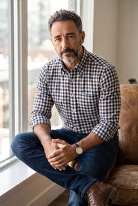 BUTTON DOWN SPORT SHIRT - NAVY/BROWN CHECK