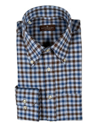 BUTTON DOWN SPORT SHIRT - BLUE/NAVY/BROWN CHECK
